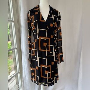 Black, Rust & Cream Wrap Dress with Geometric Print & Bell Sleeves